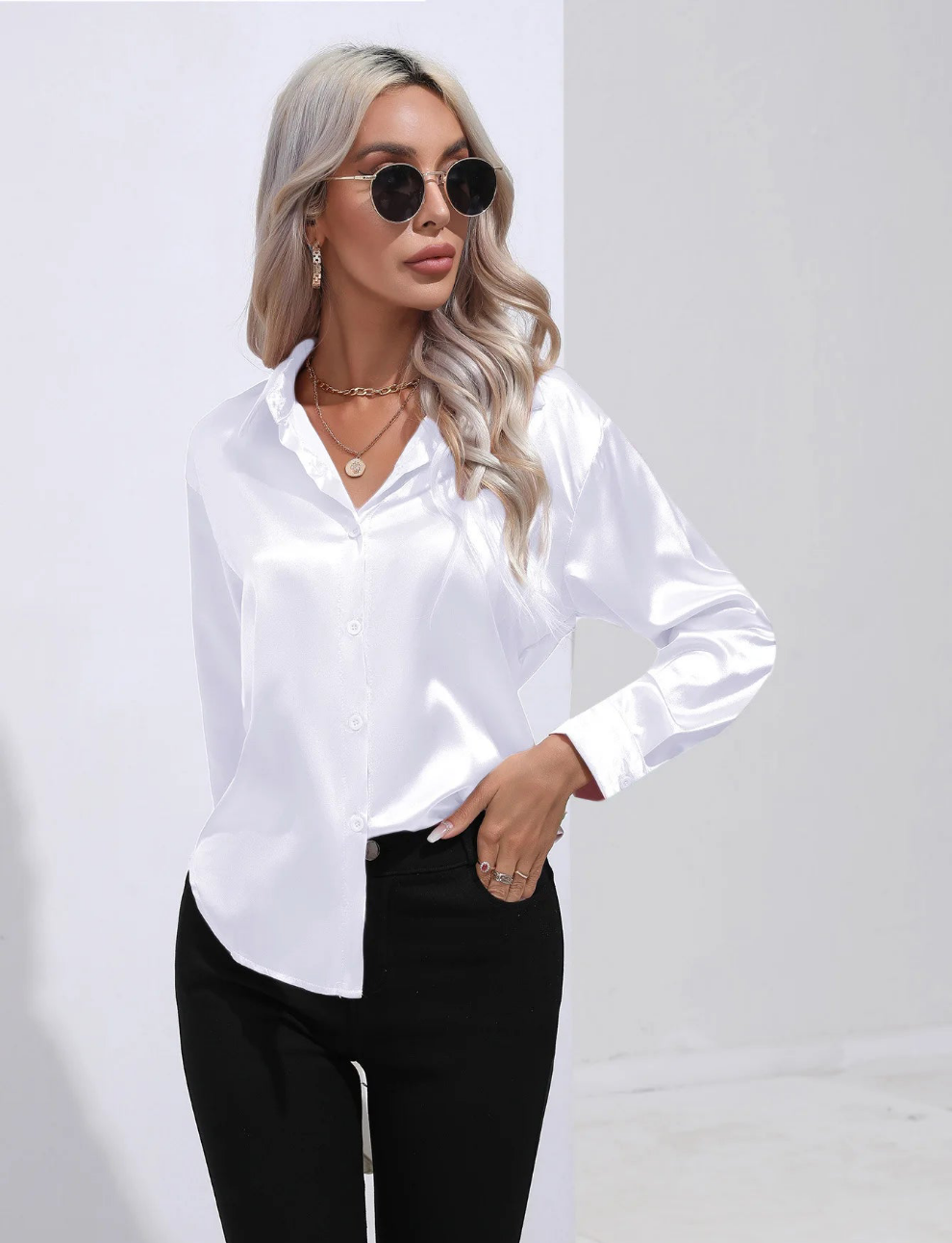 White Satin Button-Up Shirt