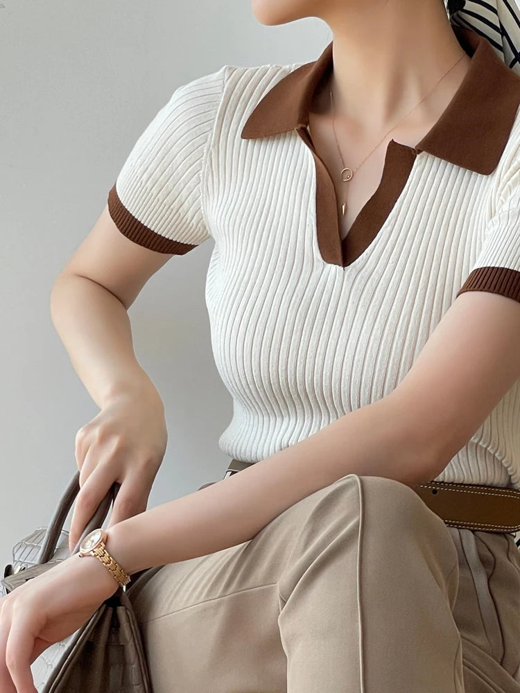 Elegant Ribbed Knit Polo Top